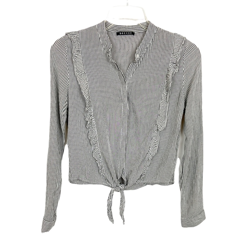Decker Striped Blouse Ruffle with Tie Front Hem Gray and White Size Small